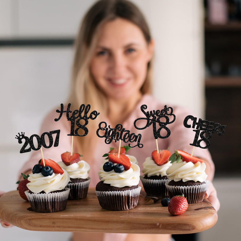 Gyufise 30 Pack Black Glitter 18th Birthday Cupcake Toppers – Hello Sweet 18