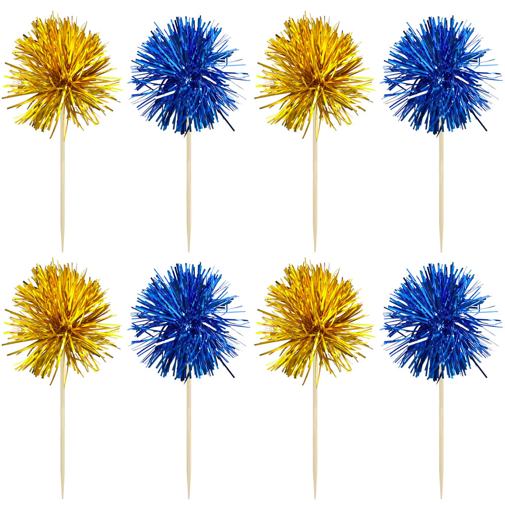Gyufise 30Pcs Foil Firework Cupcake Toppers – Gold & Dark Blue Sparkle Tinsel Cake Picks