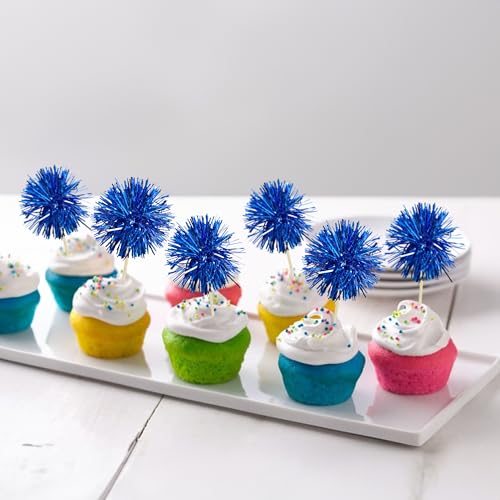 Gyufise 30Pcs Foil Firework Cupcake Toppers - Sparkle Tinsel Cake Decor (Dark Blue)