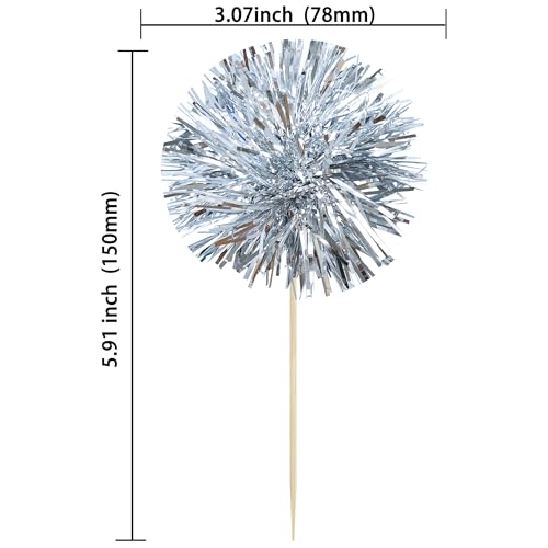 Gyufise 30Pcs Foil Firework Cupcake Toppers - Dark Silver Sparkle