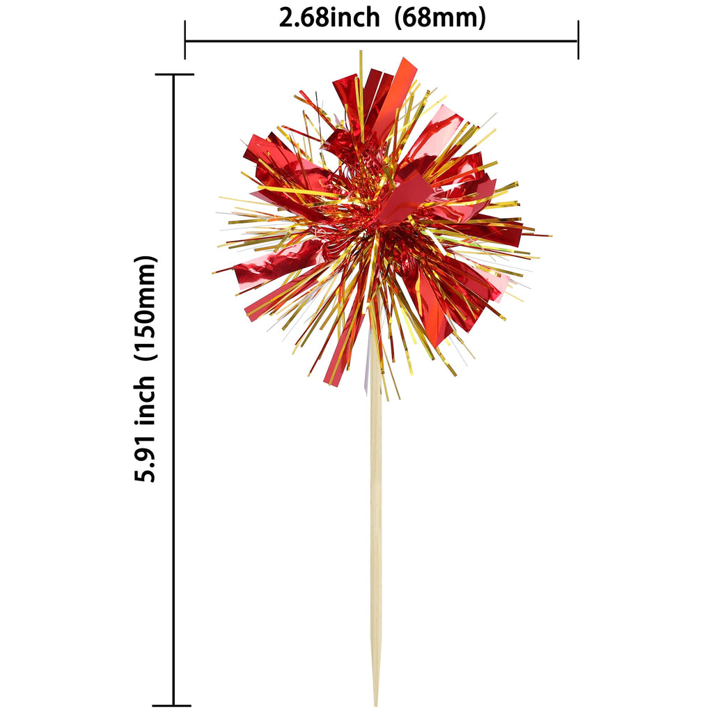 Gyufise 30Pcs Foil Firework Cupcake Toppers – Sparkle Gold & Red Tinsel Cake Picks