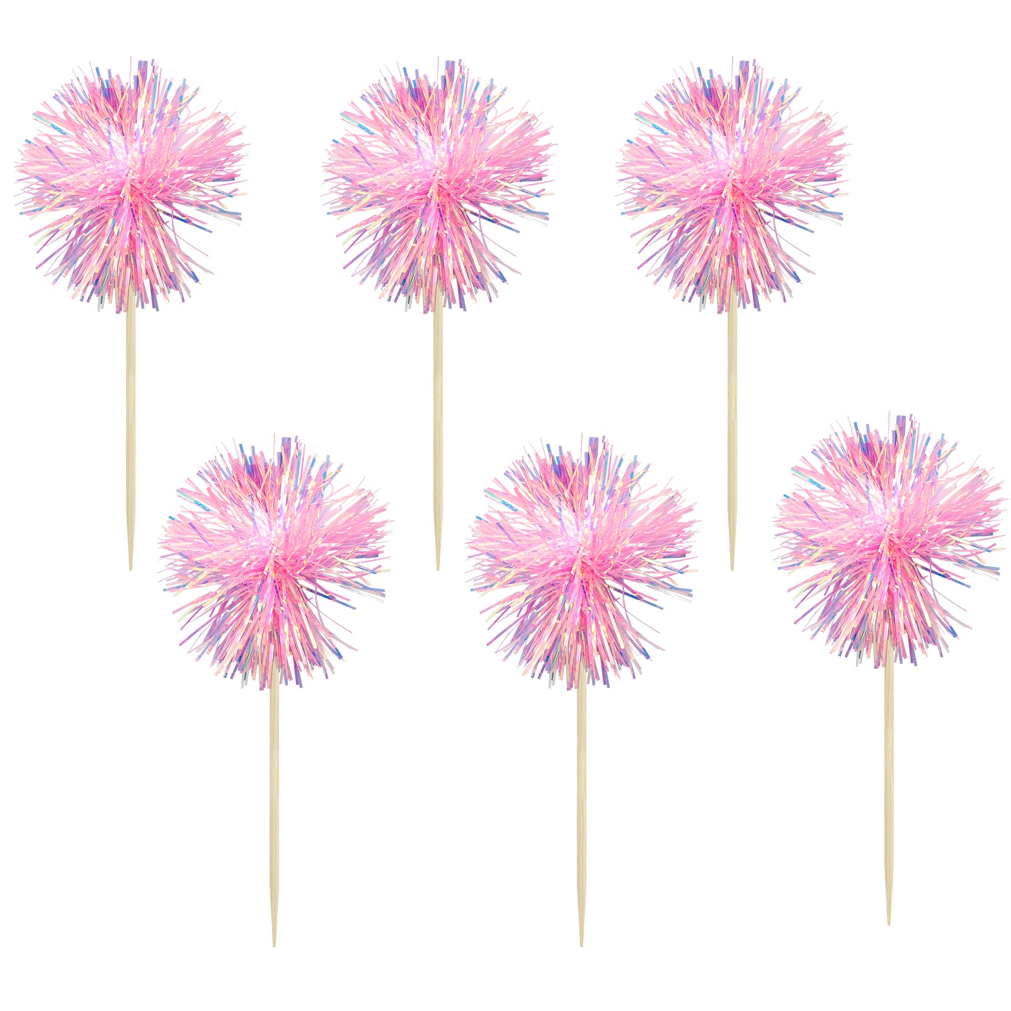 Gyufise 30Pcs Foil Firework Cupcake Toppers – Sparkle Tinsel Cake Decorations for Birthday, Wedding & Party (Dark Pink)