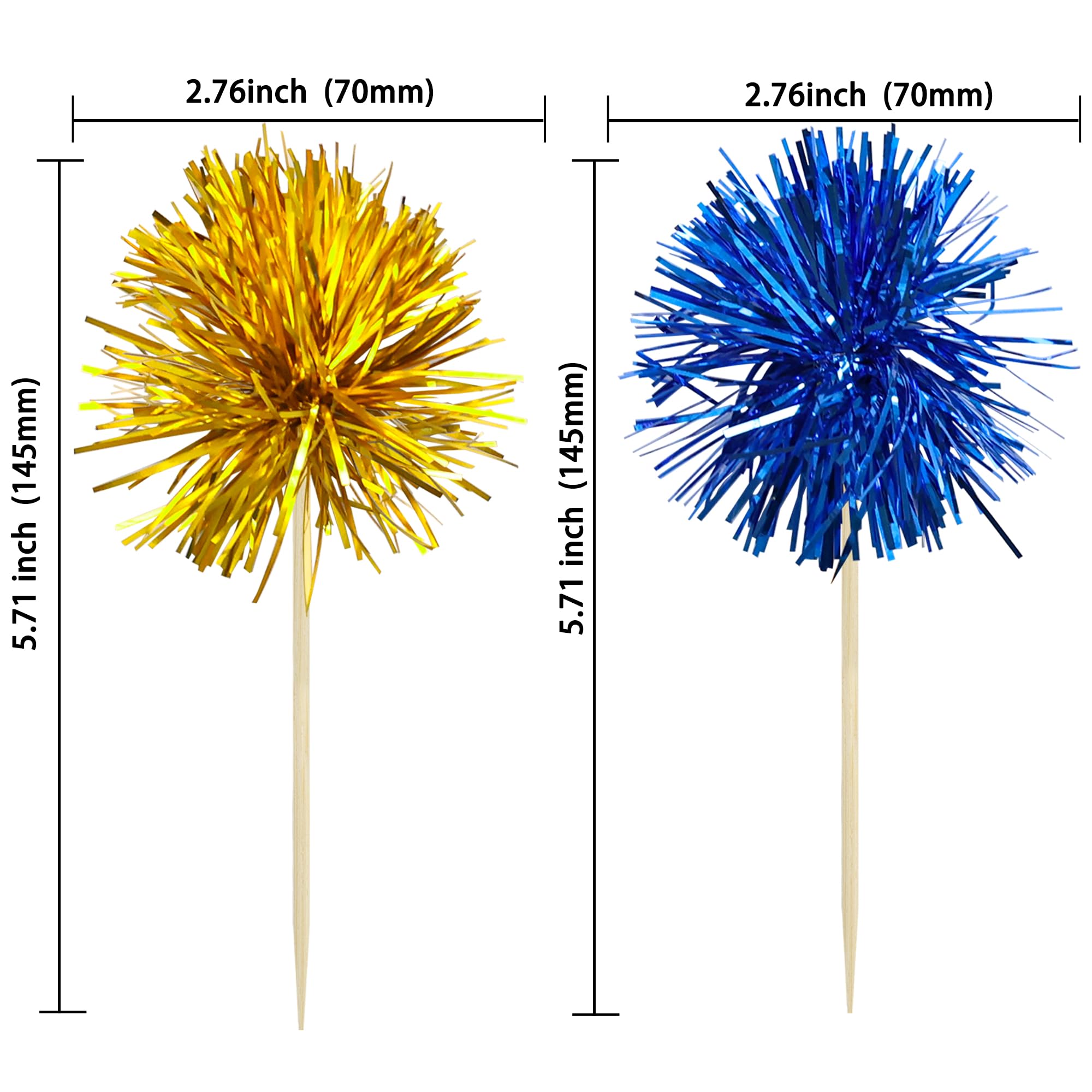 Gyufise 30Pcs Foil Firework Cupcake Toppers – Gold & Dark Blue Sparkle Tinsel Cake Picks