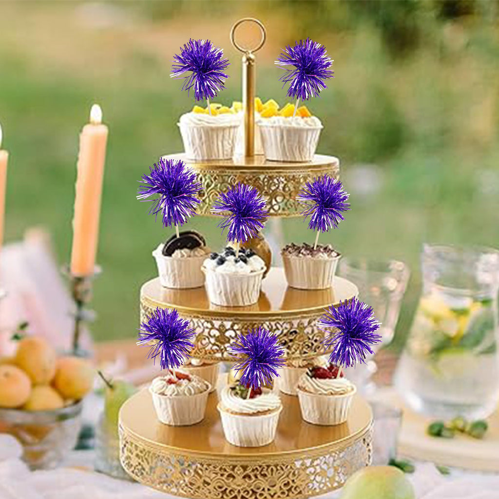 Gyufise 30Pcs Foil Firework Cupcake Toppers – Sparkle Tinsel Cake Decorations (Dark Purple) for Birthday, Wedding & Party