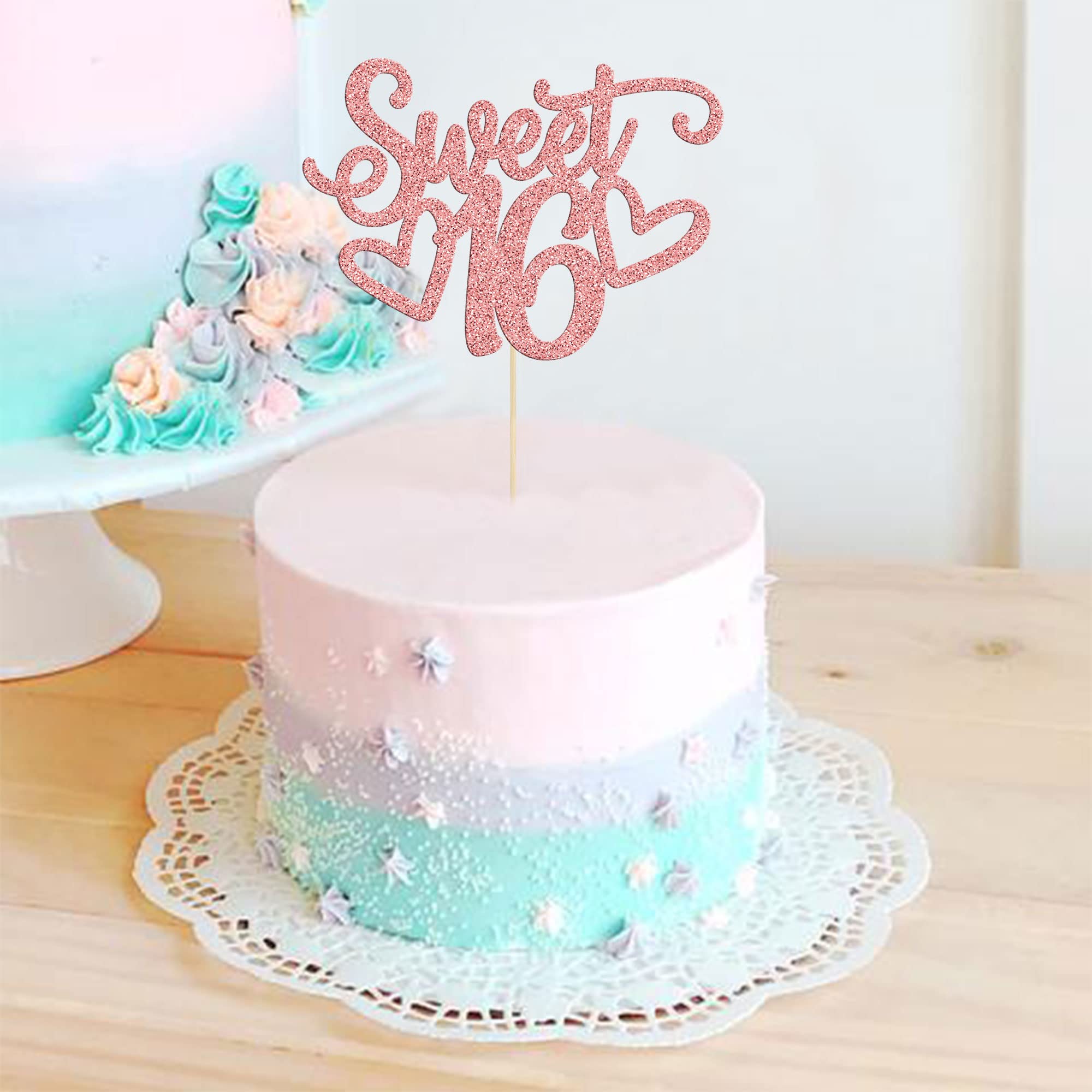 Gyufise Sweet 16 Cake Topper – Rose Gold Glitter for 16th Birthday