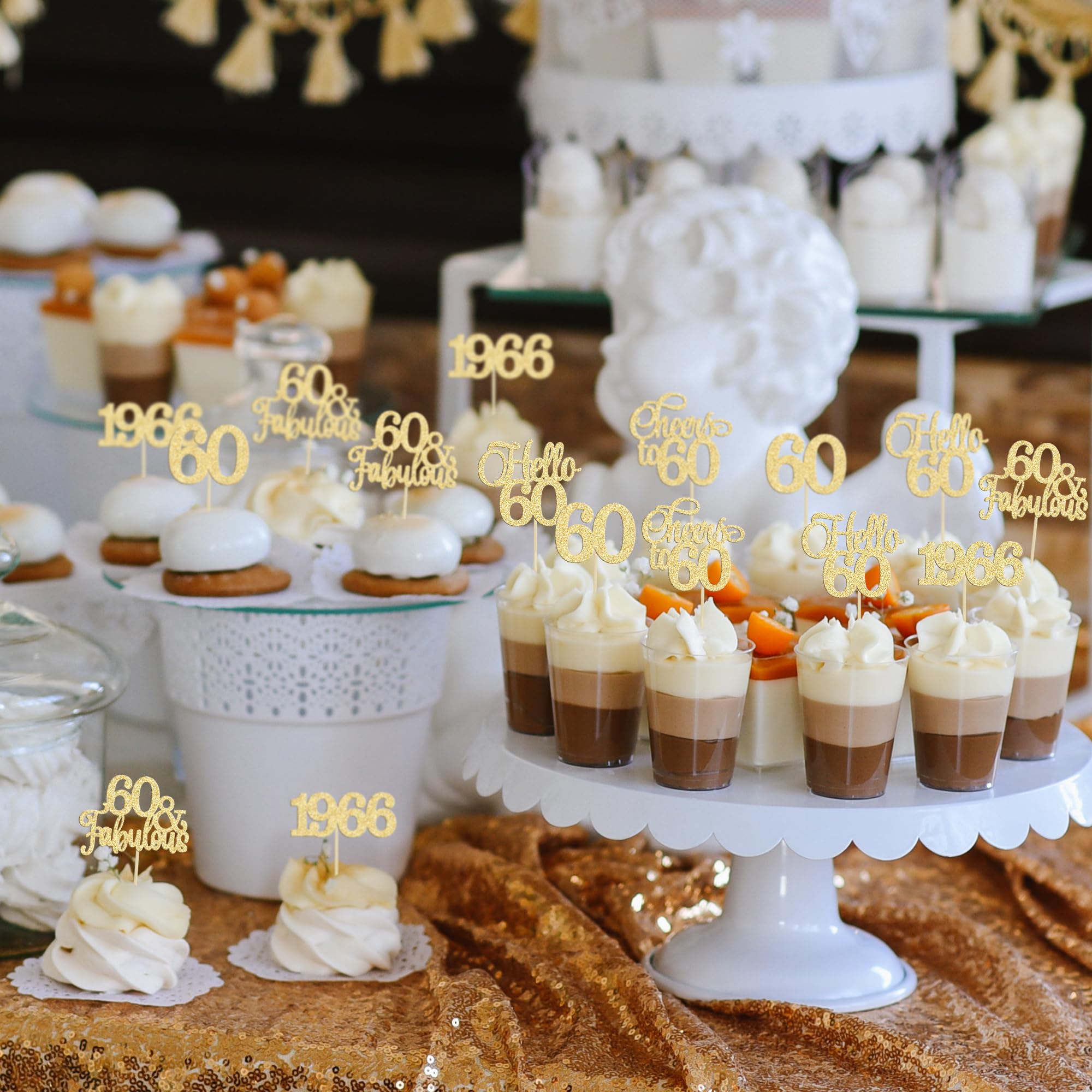 Gyufise 30Pcs 60th Birthday Cupcake Toppers – Gold Cake Decorations for 60th Birthday & Anniversary