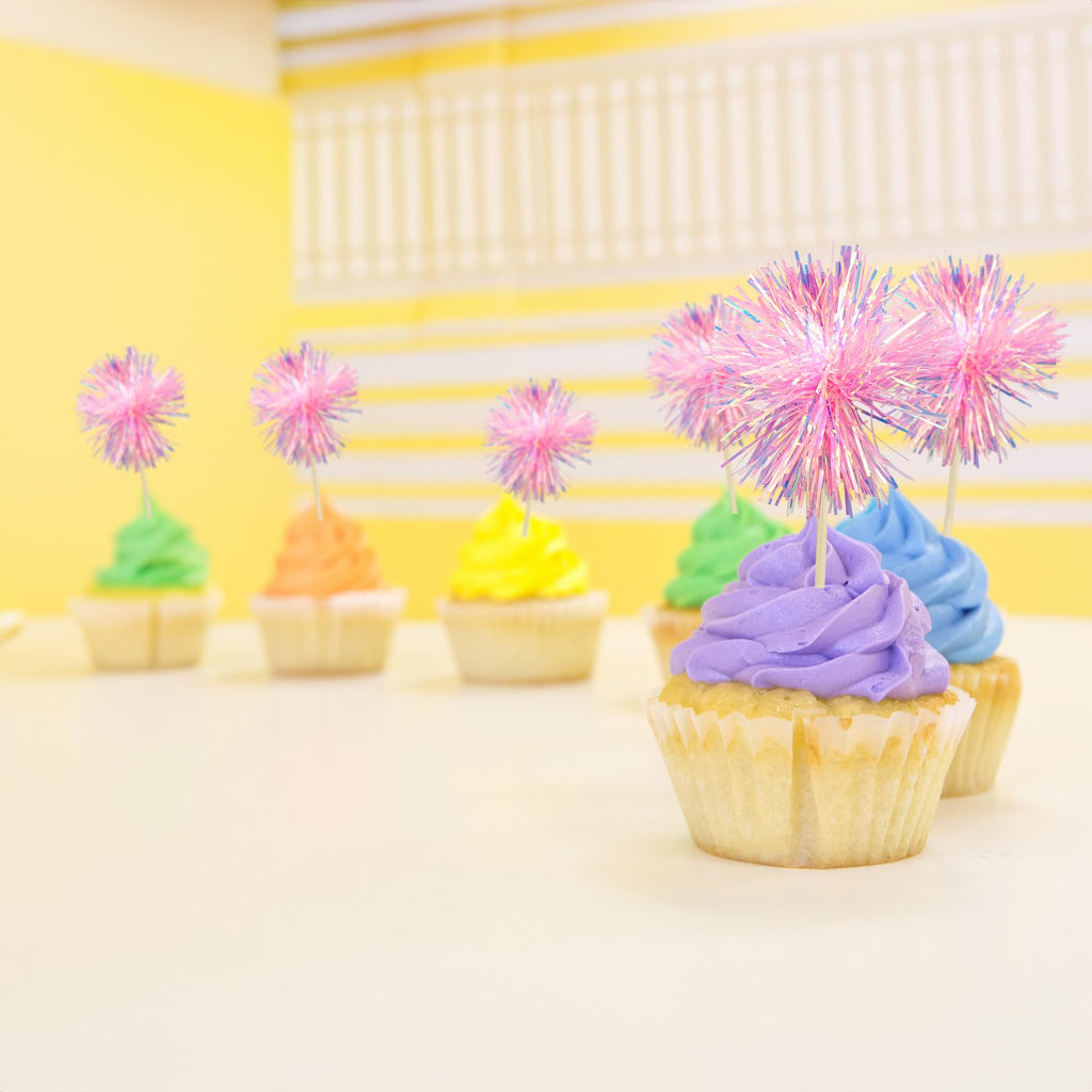 Gyufise 30Pcs Foil Firework Cupcake Toppers – Sparkle Tinsel Cake Decorations for Birthday, Wedding & Party (Dark Pink)