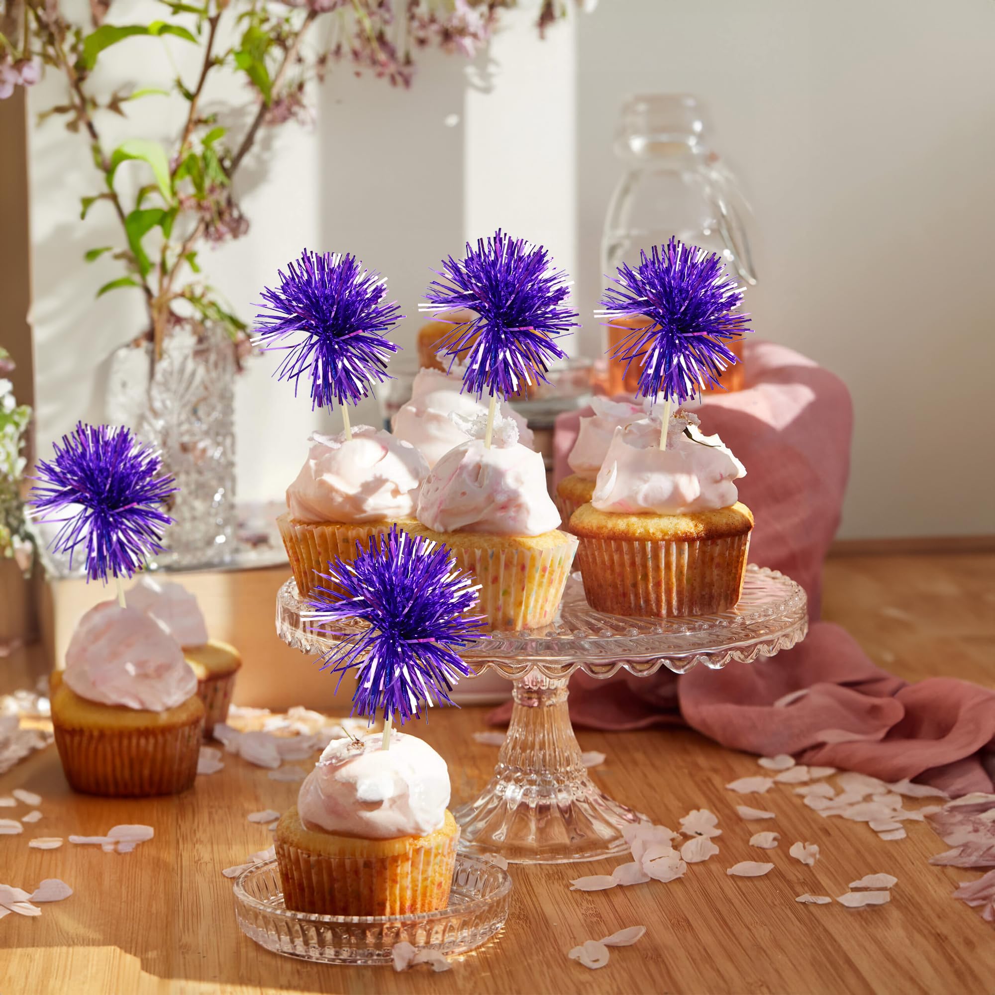 Gyufise 30Pcs Foil Firework Cupcake Toppers – Sparkle Tinsel Cake Decorations (Dark Purple) for Birthday, Wedding & Party