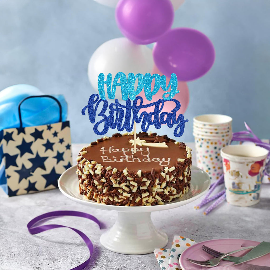 Gyufise Happy Birthday Cake Topper Glitter Blue - 1 Piece Cake Decoration Pick