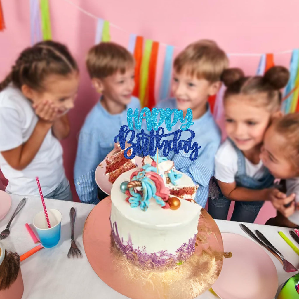 Gyufise Happy Birthday Cake Topper Glitter Blue - 1 Piece Cake Decoration Pick