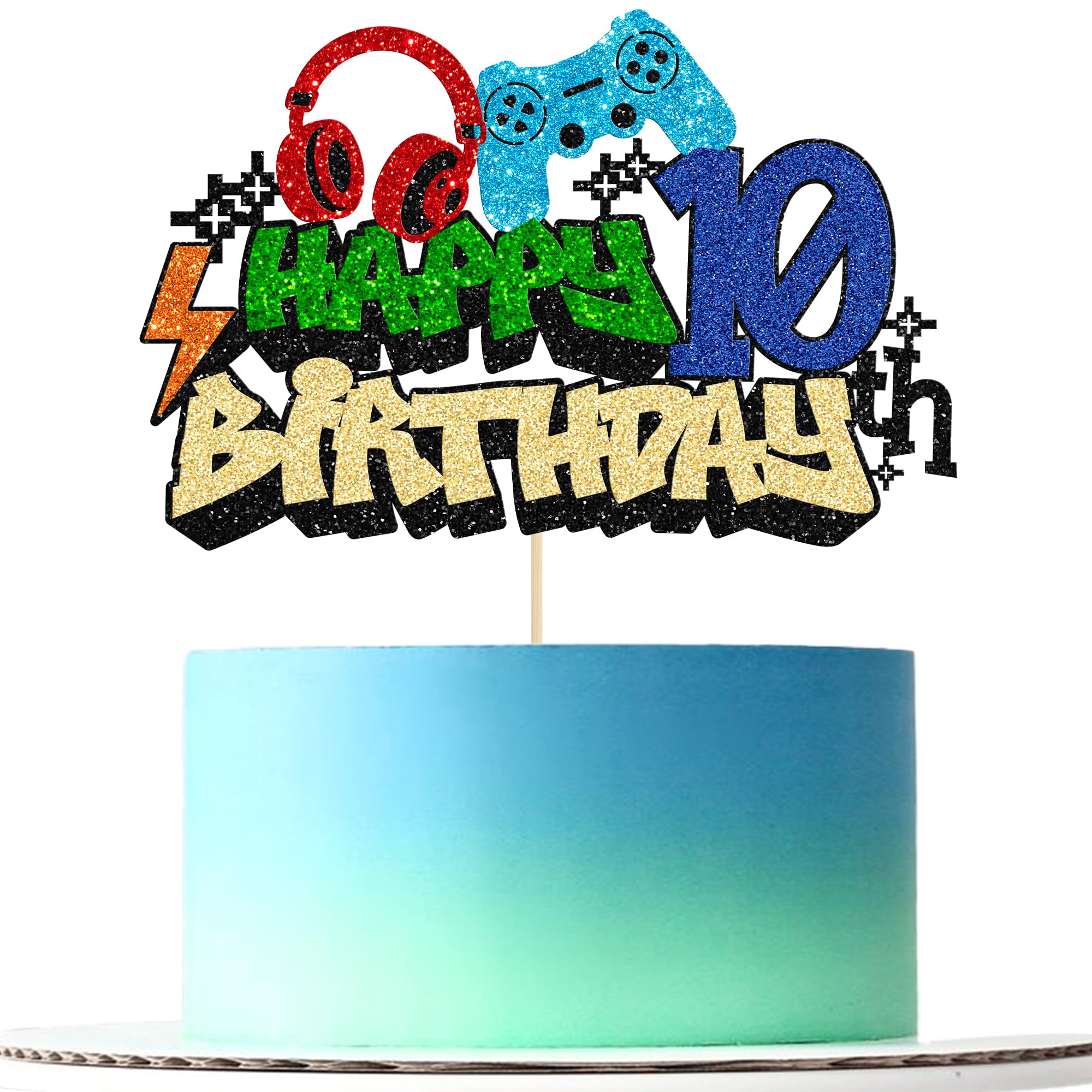 Gyufise Video Game 10th Birthday Cake Topper – Glitter Cake Pick