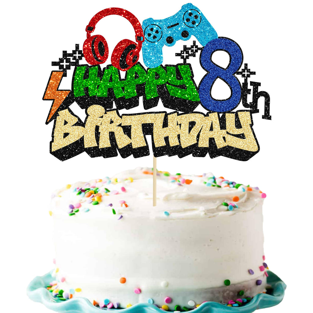 Gyufise 8th Birthday Video Game Cake Topper – Glitter Controllers for Boys Party Decor