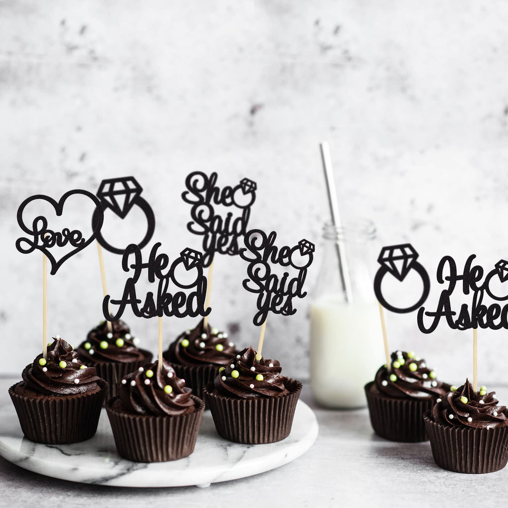 Gyufise 24 Pack Black Glitter He Asked She Said Yes Cupcake Toppers | Wedding & Bridal Shower Decor