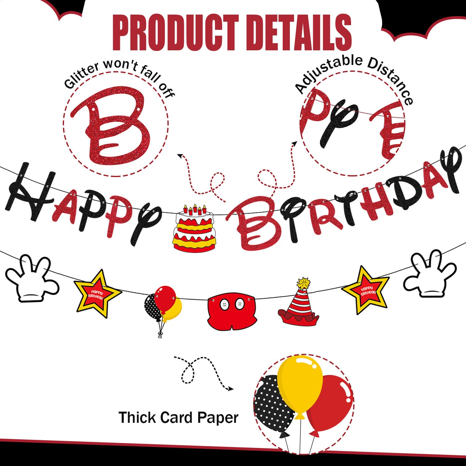 GZDUCK Mouse Birthday Decorations for Boys - Black Red Glitter Banner & Cartoon Theme