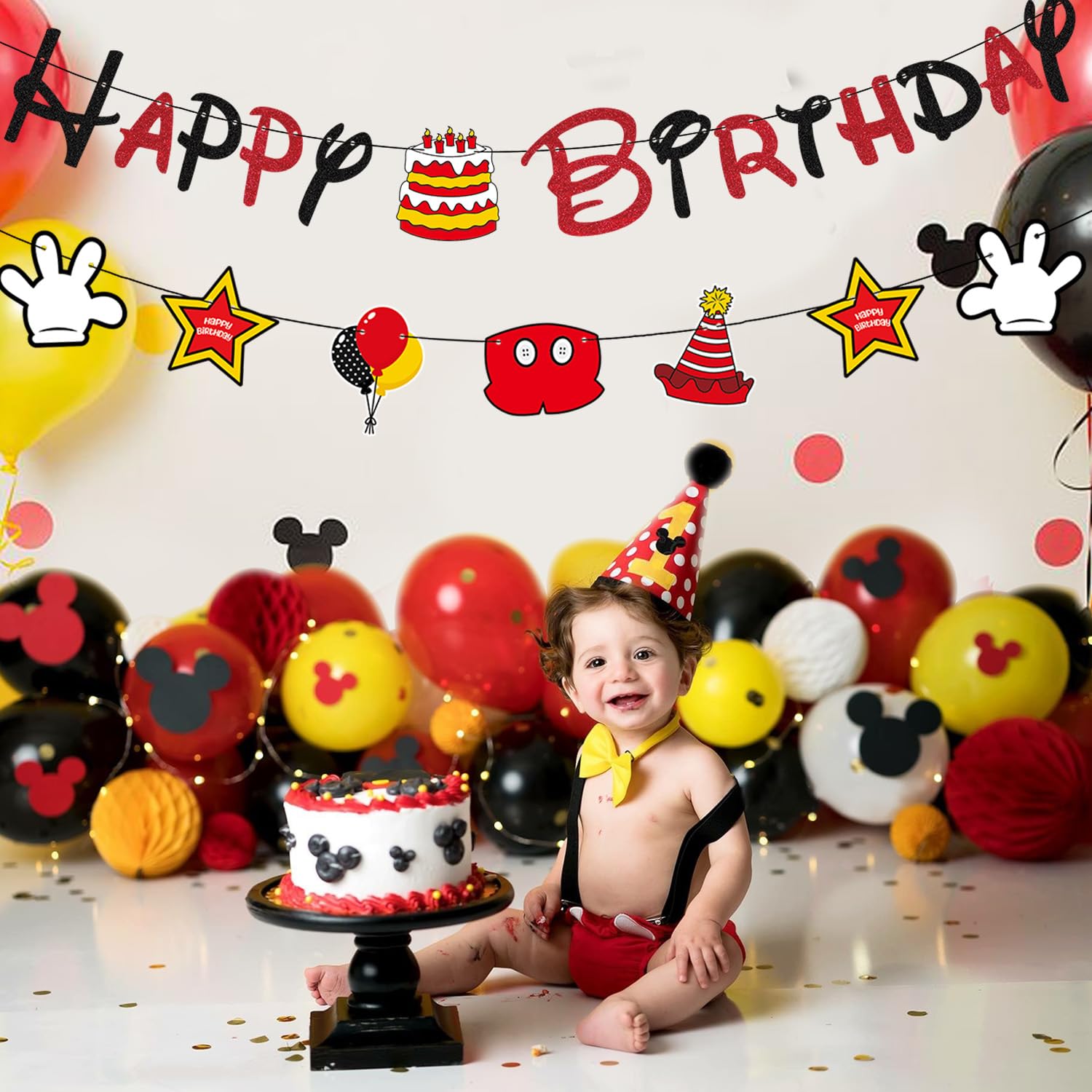 GZDUCK Mouse Birthday Decorations for Boys - Black Red Glitter Banner & Cartoon Theme