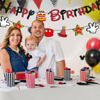 GZDUCK Mouse Birthday Decorations for Boys - Black Red Glitter Banner & Cartoon Theme