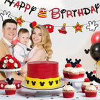 GZDUCK Mouse Birthday Decorations for Boys - Black Red Glitter Banner & Cartoon Theme