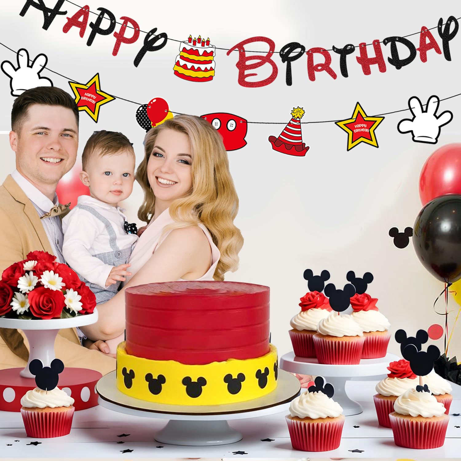 GZDUCK Mouse Birthday Decorations for Boys - Black Red Glitter Banner & Cartoon Theme