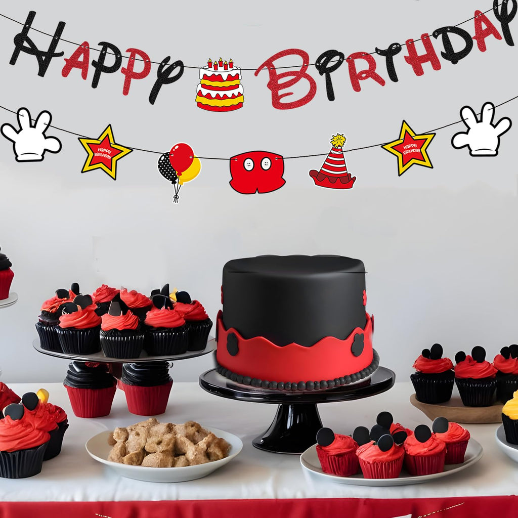 GZDUCK Mouse Birthday Decorations for Boys - Black Red Glitter Banner & Cartoon Theme