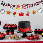 GZDUCK Mouse Birthday Decorations for Boys - Black Red Glitter Banner & Cartoon Theme