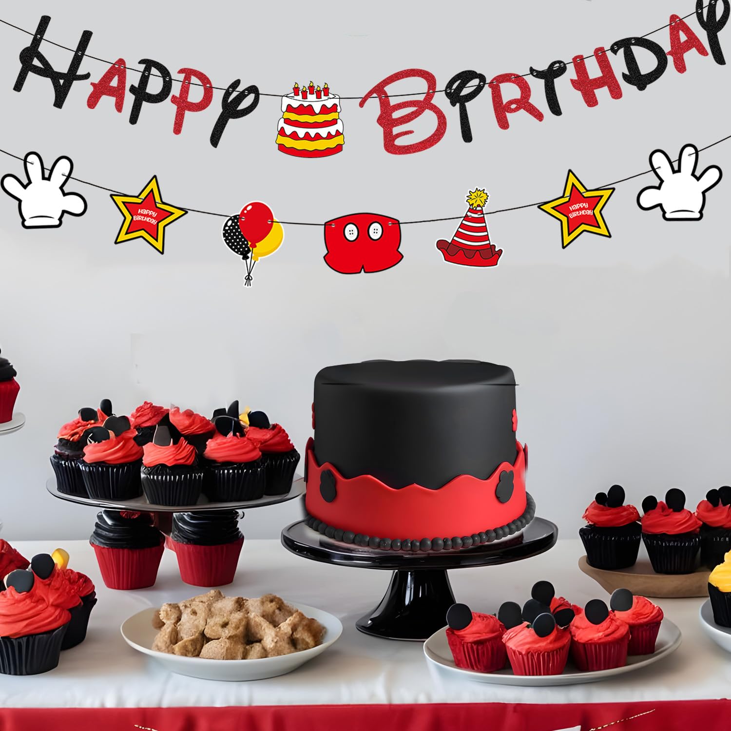 GZDUCK Mouse Birthday Decorations for Boys - Black Red Glitter Banner & Cartoon Theme