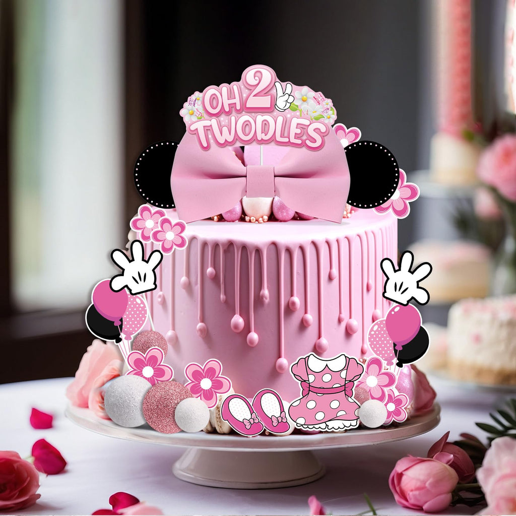 GZDUCK Oh Twodles Cake Topper Set – 46Pcs Pink Mouse Party Decor