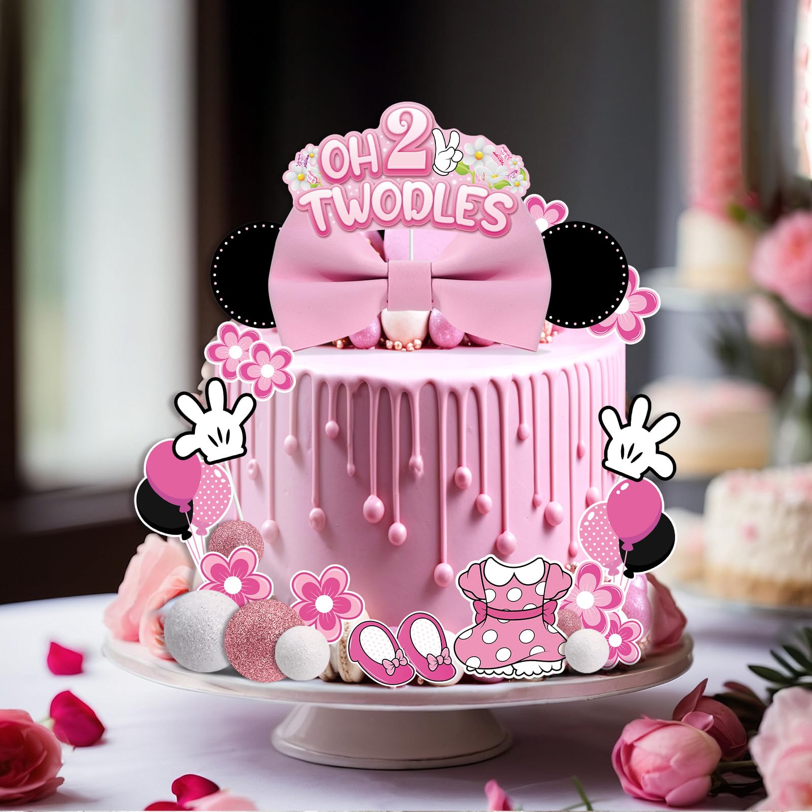 GZDUCK Oh Twodles Cake Topper Set – 46Pcs Pink Mouse Party Decor