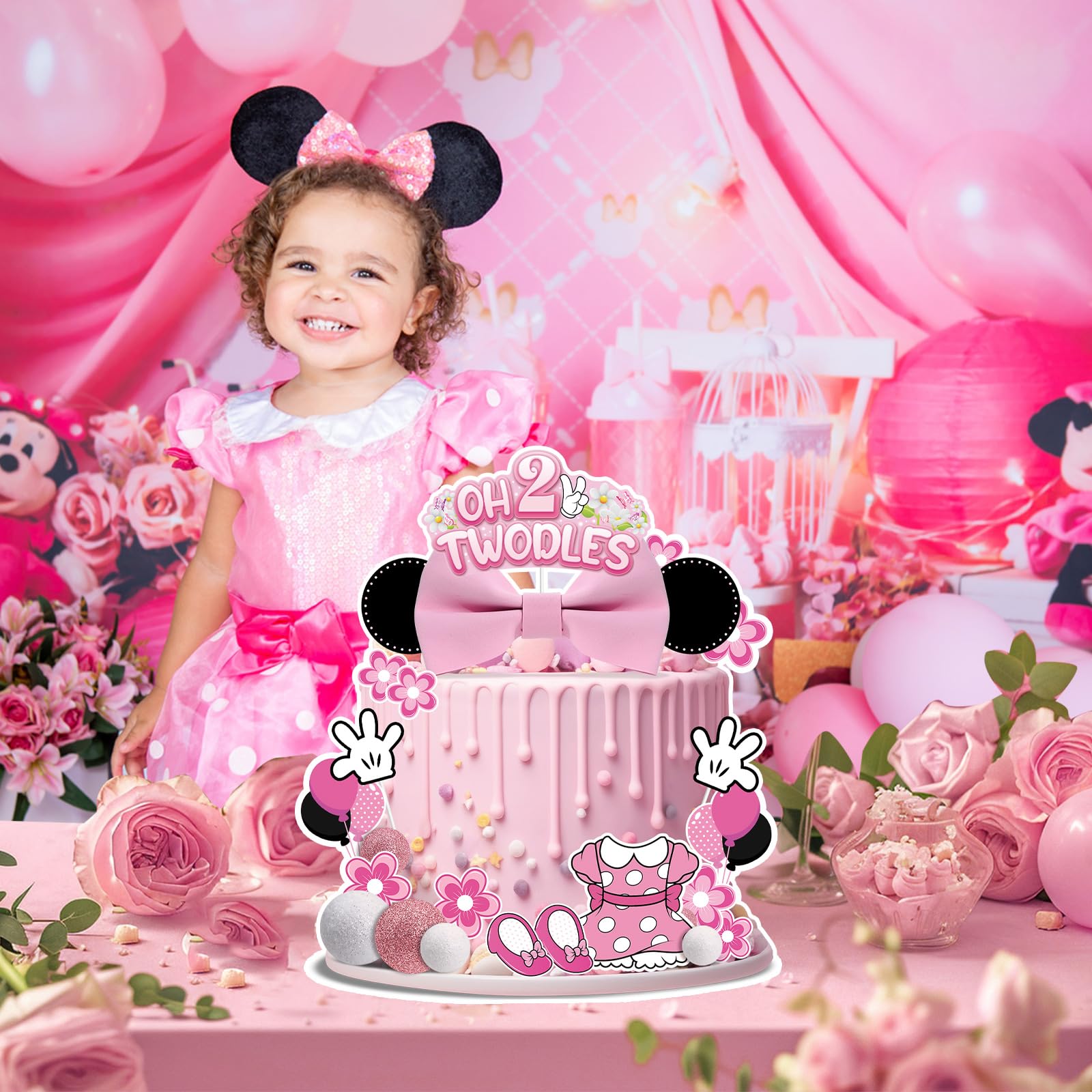 GZDUCK Oh Twodles Cake Topper Set – 46Pcs Pink Mouse Party Decor