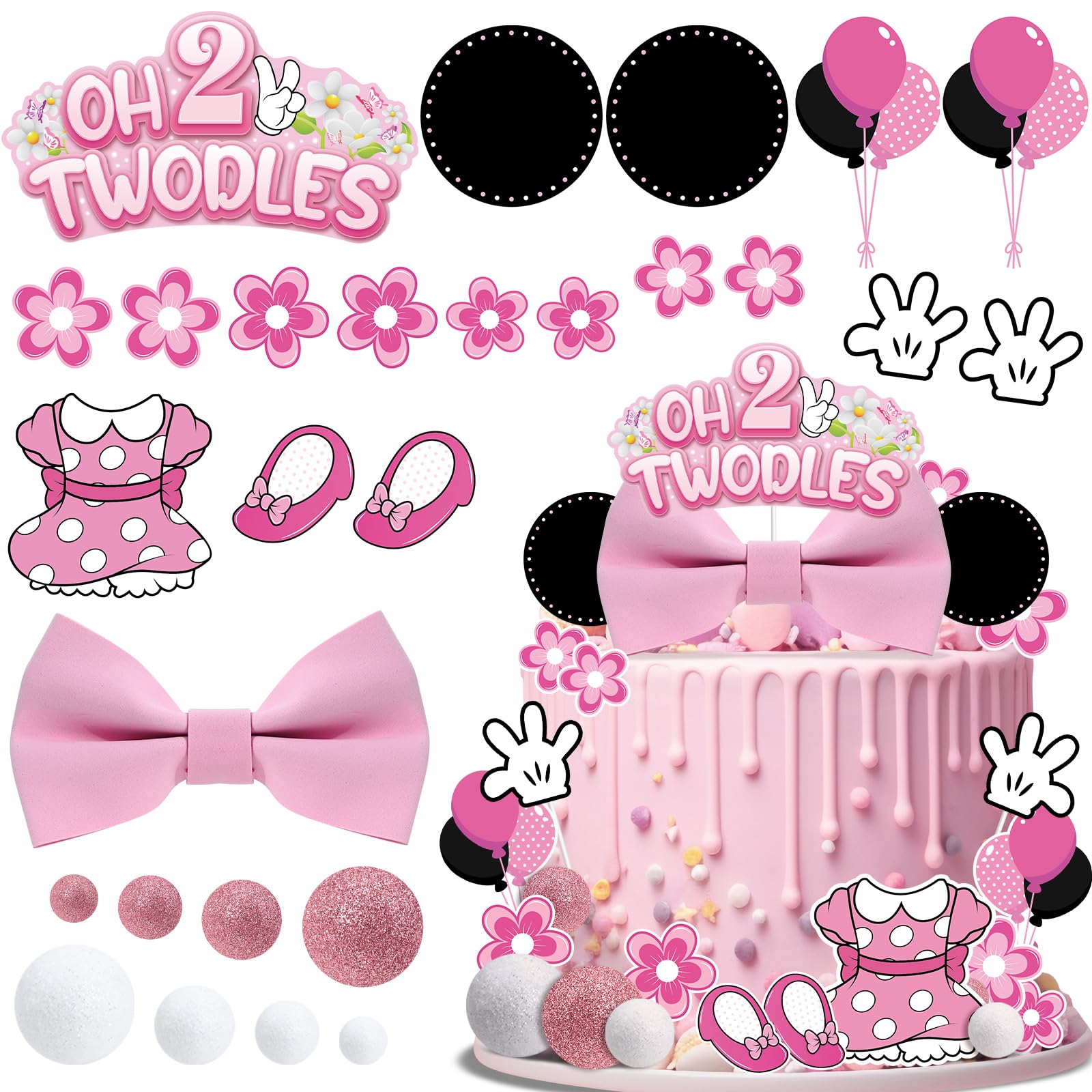 GZDUCK Oh Twodles Cake Topper Set – 46Pcs Pink Mouse Party Decor