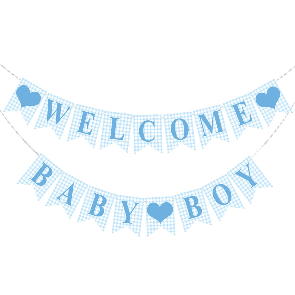 Hahafelt Blue Gingham Welcome Baby Boy Banner – Pre-Strung Baby Shower Decor