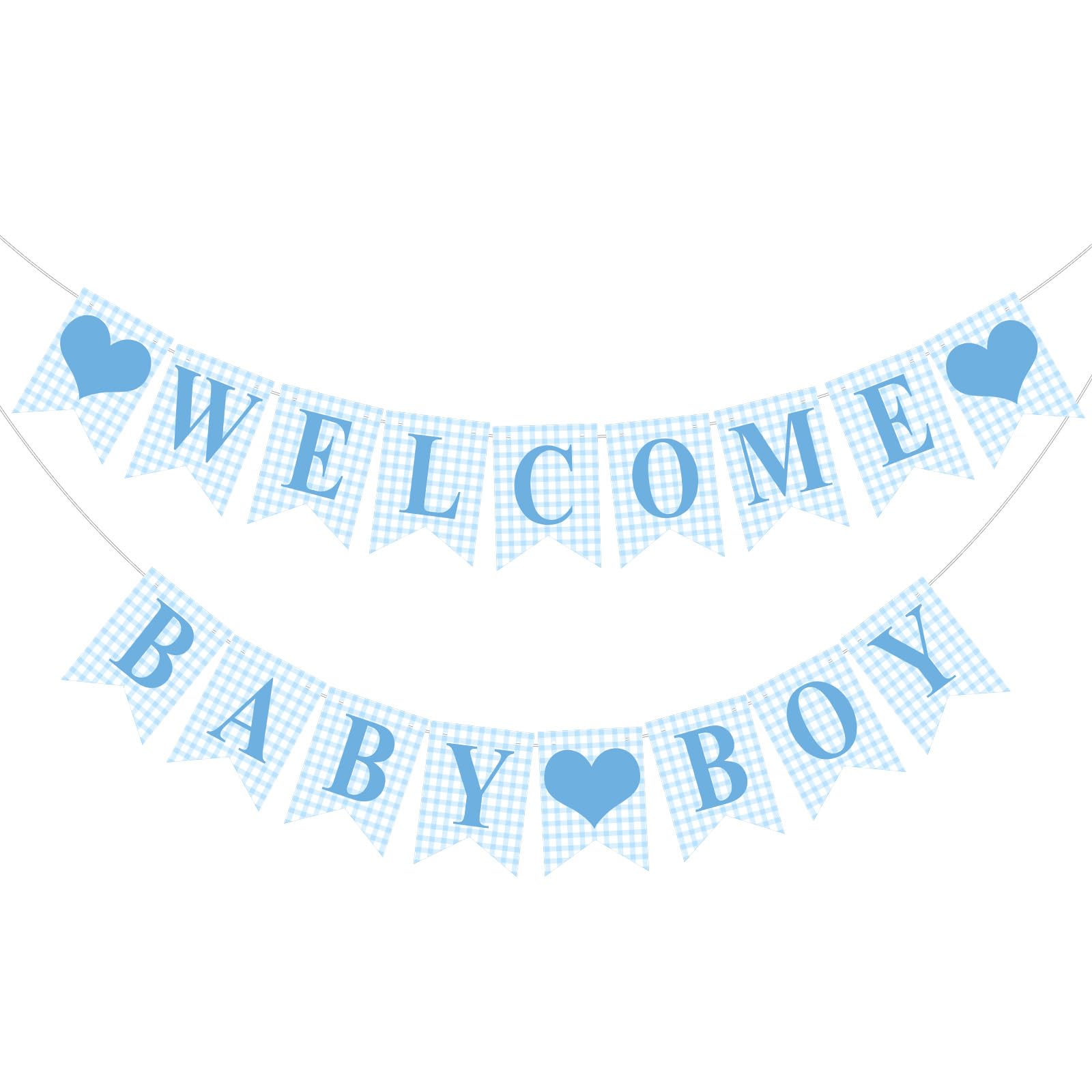 Hahafelt Blue Gingham Welcome Baby Boy Banner – Pre-Strung Baby Shower Decor