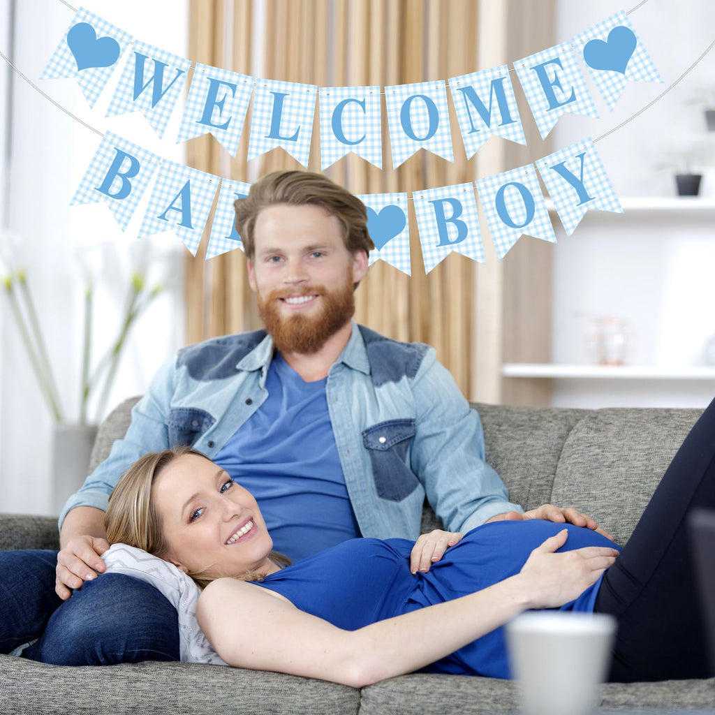Hahafelt Blue Gingham Welcome Baby Boy Banner – Pre-Strung Baby Shower Decor