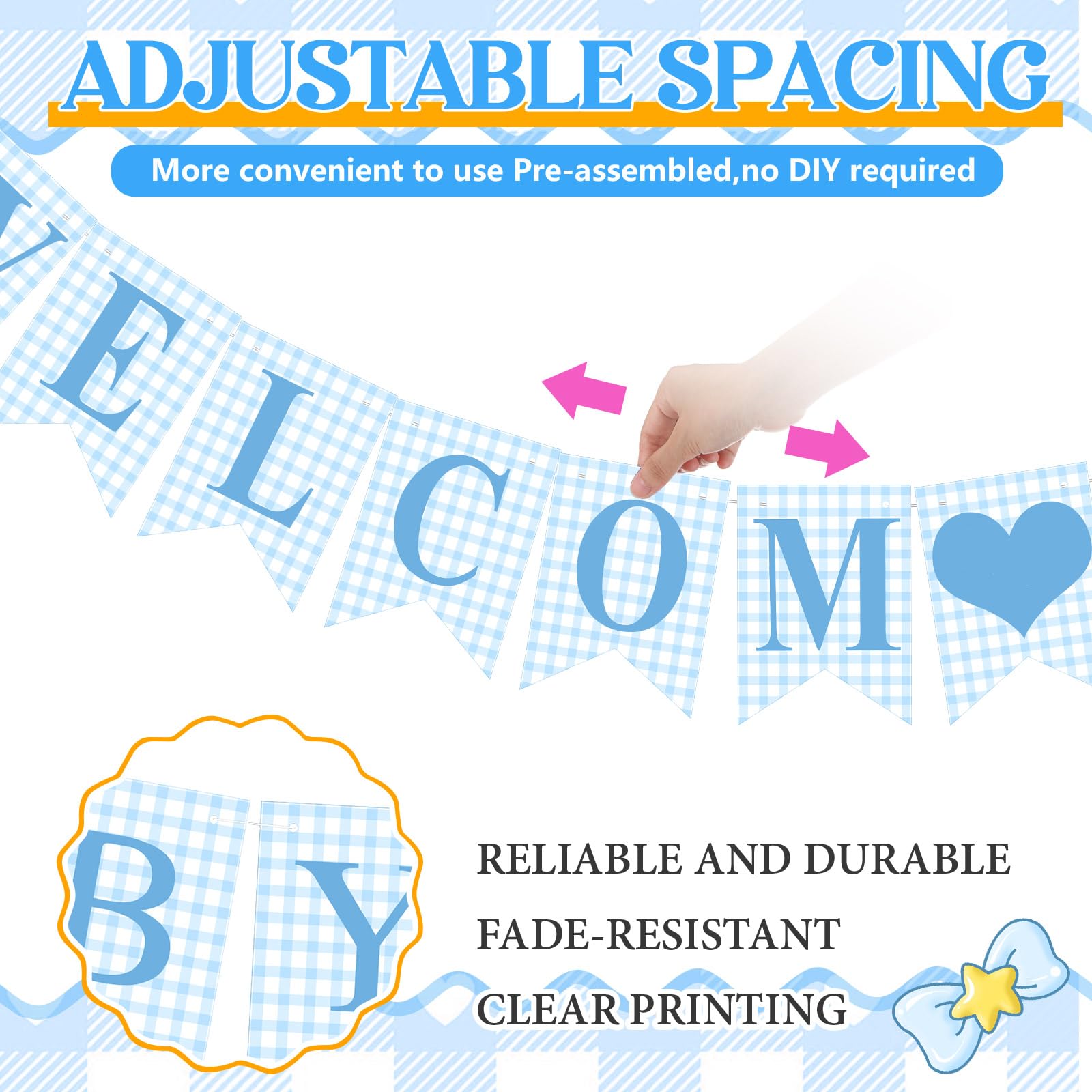 Hahafelt Blue Gingham Welcome Baby Boy Banner – Pre-Strung Baby Shower Decor