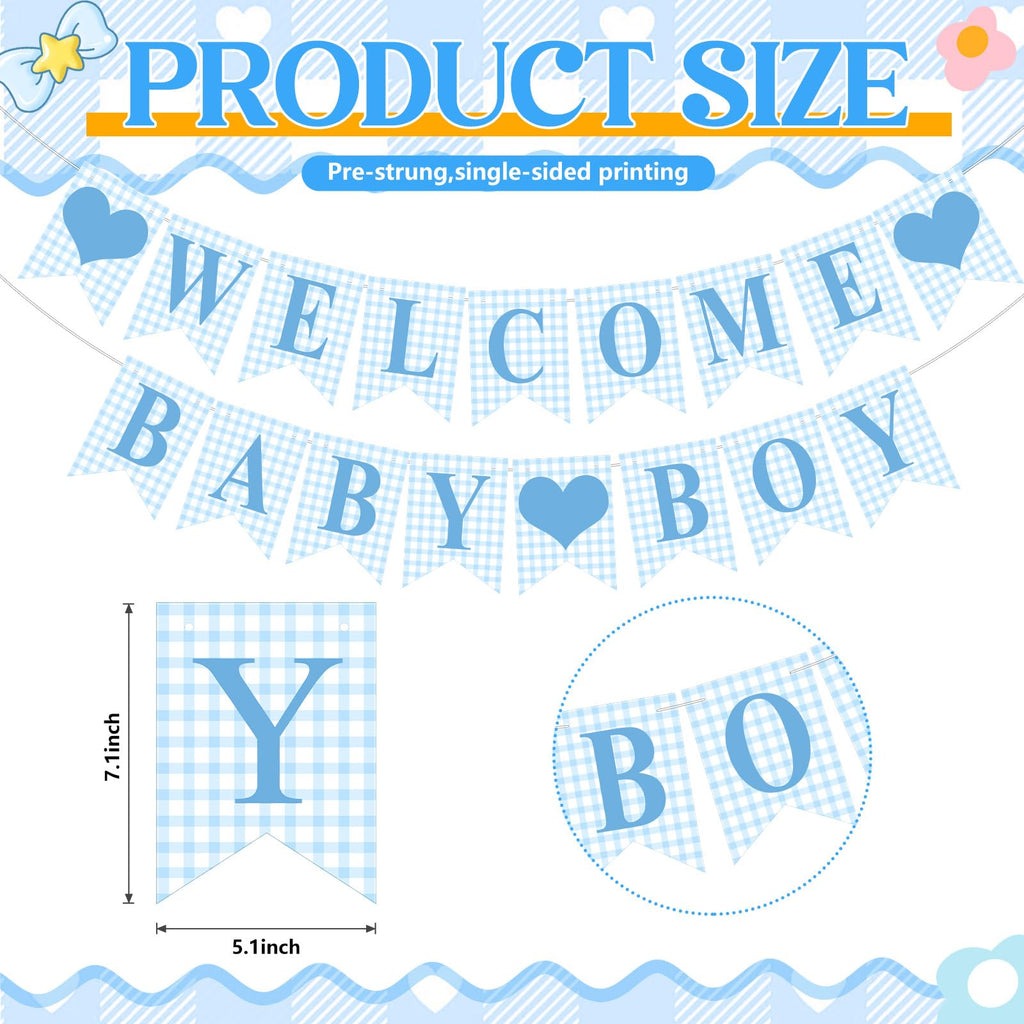 Hahafelt Blue Gingham Welcome Baby Boy Banner – Pre-Strung Baby Shower Decor