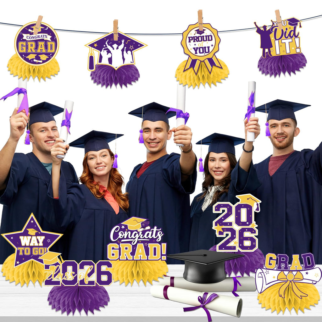 HAKOTI 12Pcs Purple & Yellow Graduation Centerpieces – Class of 2026 Table Decorations