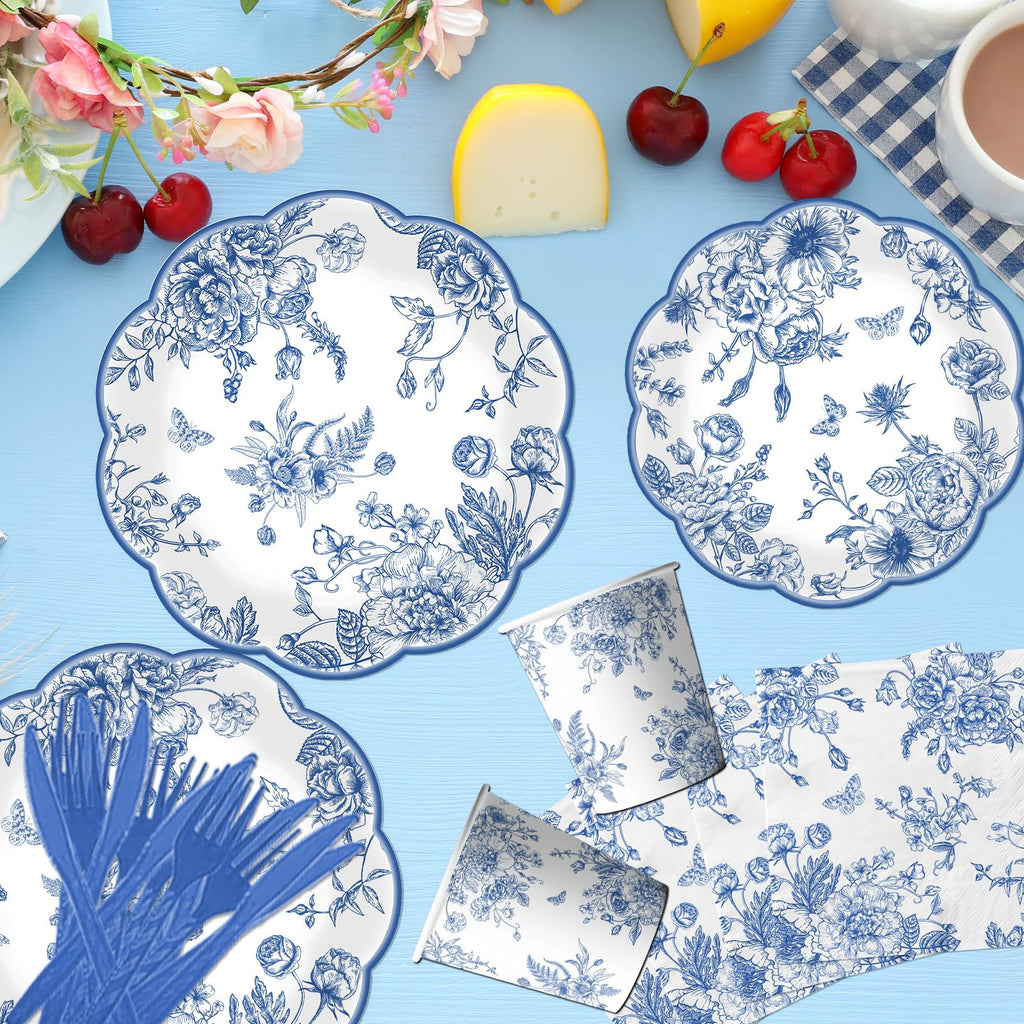 HAKOTI Blue Floral Plates & Napkins Set – Vintage Blue Toile Dinnerware for Weddings