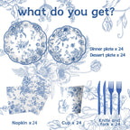 HAKOTI Blue Floral Plates & Napkins Set – Vintage Blue Toile Dinnerware for Weddings