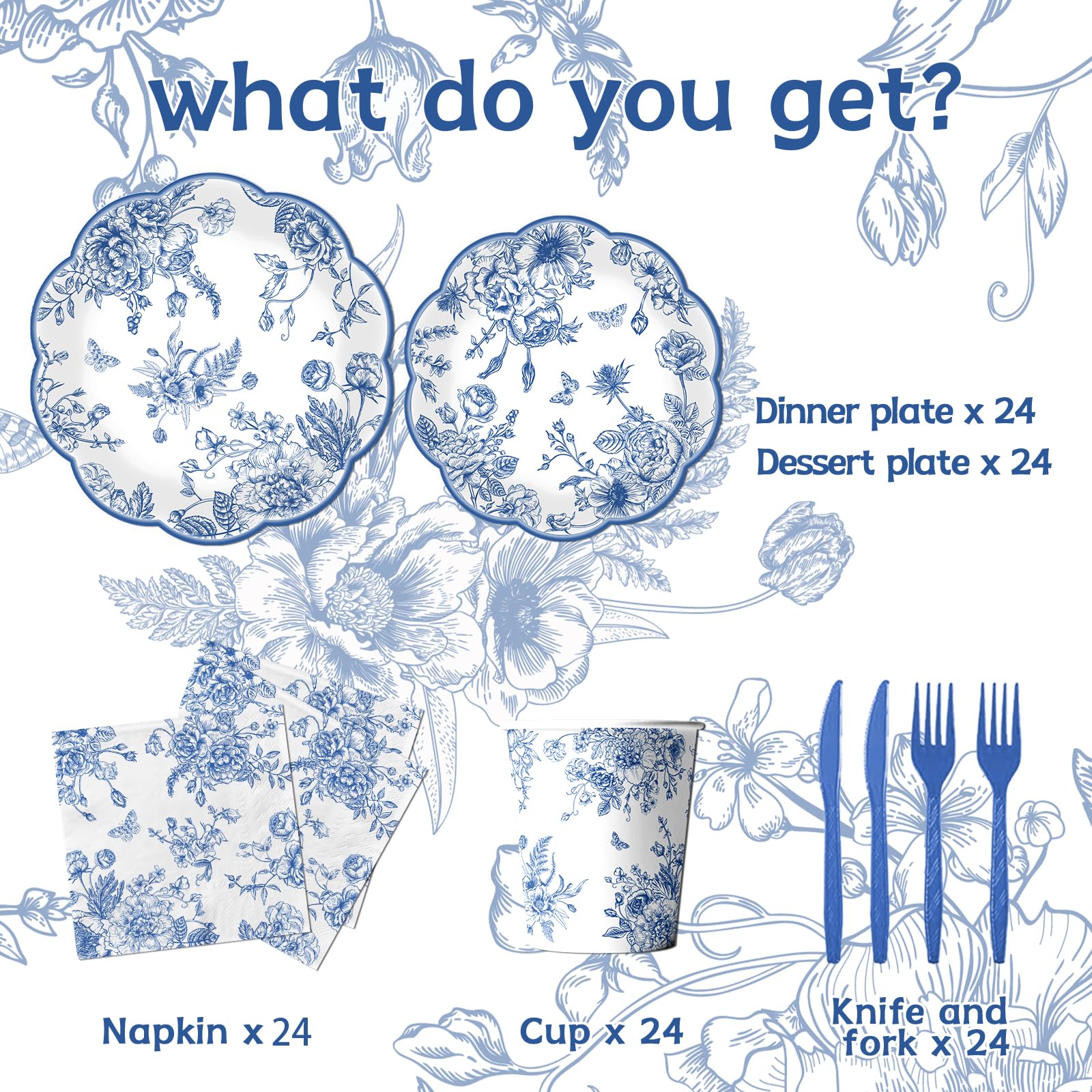HAKOTI Blue Floral Plates & Napkins Set – Vintage Blue Toile Dinnerware for Weddings