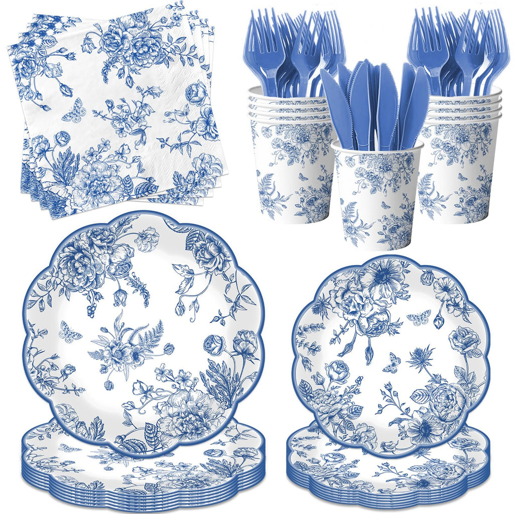 HAKOTI Blue Floral Plates & Napkins Set – Vintage Blue Toile Dinnerware for Weddings