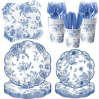 HAKOTI Blue Floral Plates & Napkins Set – Vintage Blue Toile Dinnerware for Weddings