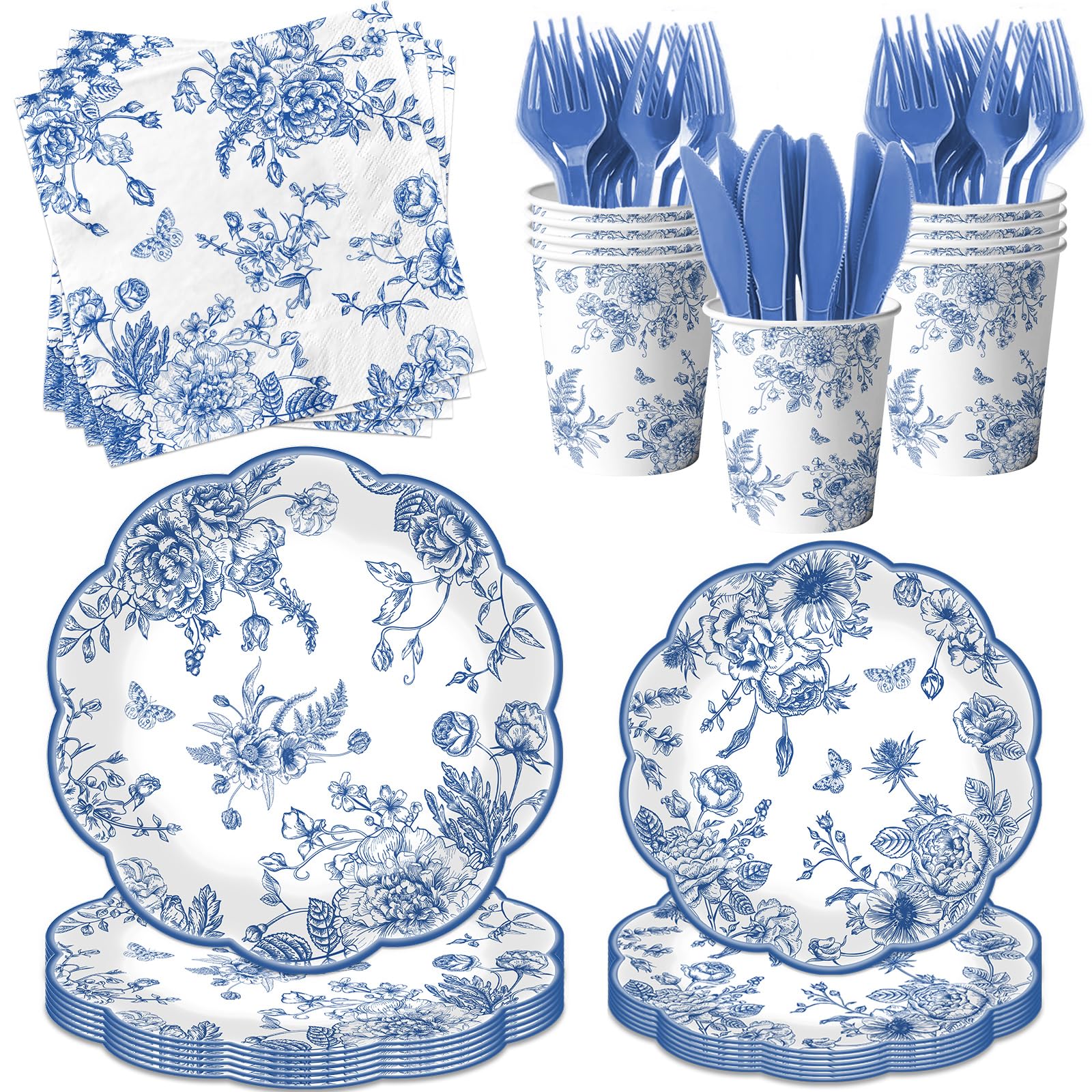 HAKOTI Blue Floral Plates & Napkins Set – Vintage Blue Toile Dinnerware for Weddings