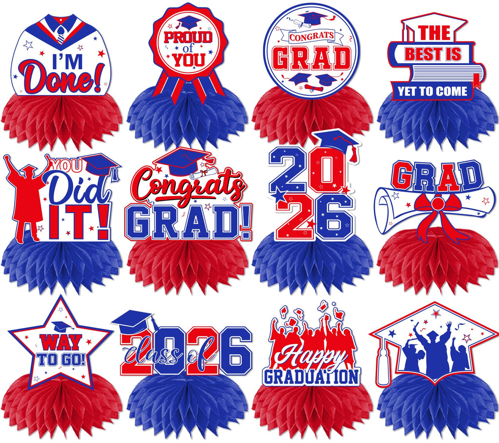 HAKOTI 12Pcs Red & Blue Graduation Honeycomb Centerpieces | Class of 2026 Table Decorations