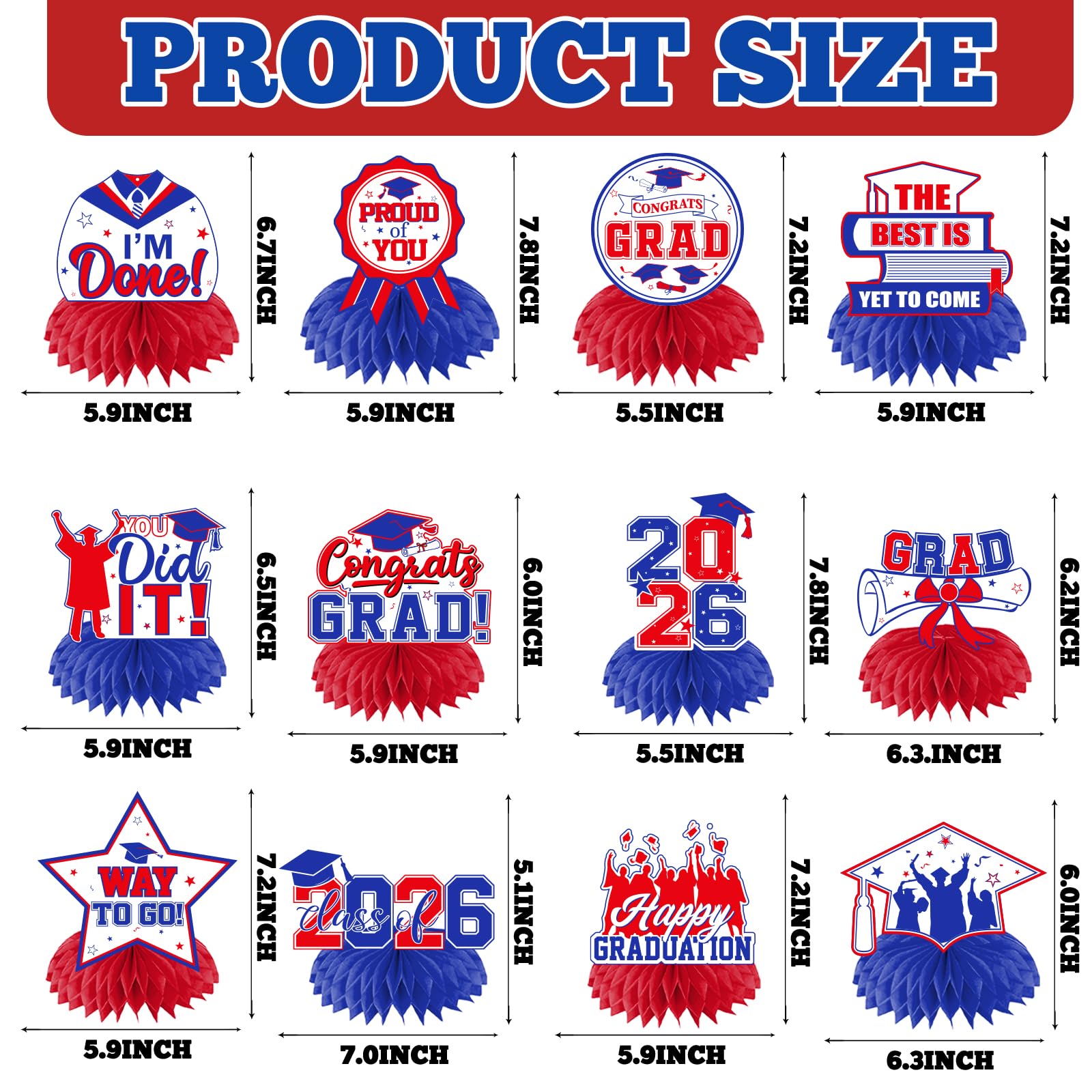 HAKOTI 12Pcs Red & Blue Graduation Honeycomb Centerpieces | Class of 2026 Table Decorations