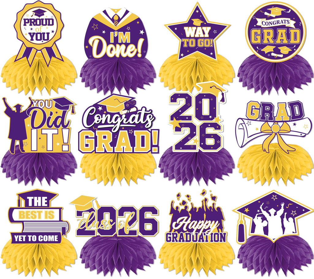 HAKOTI 12Pcs Purple & Yellow Graduation Centerpieces – Class of 2026 Table Decorations