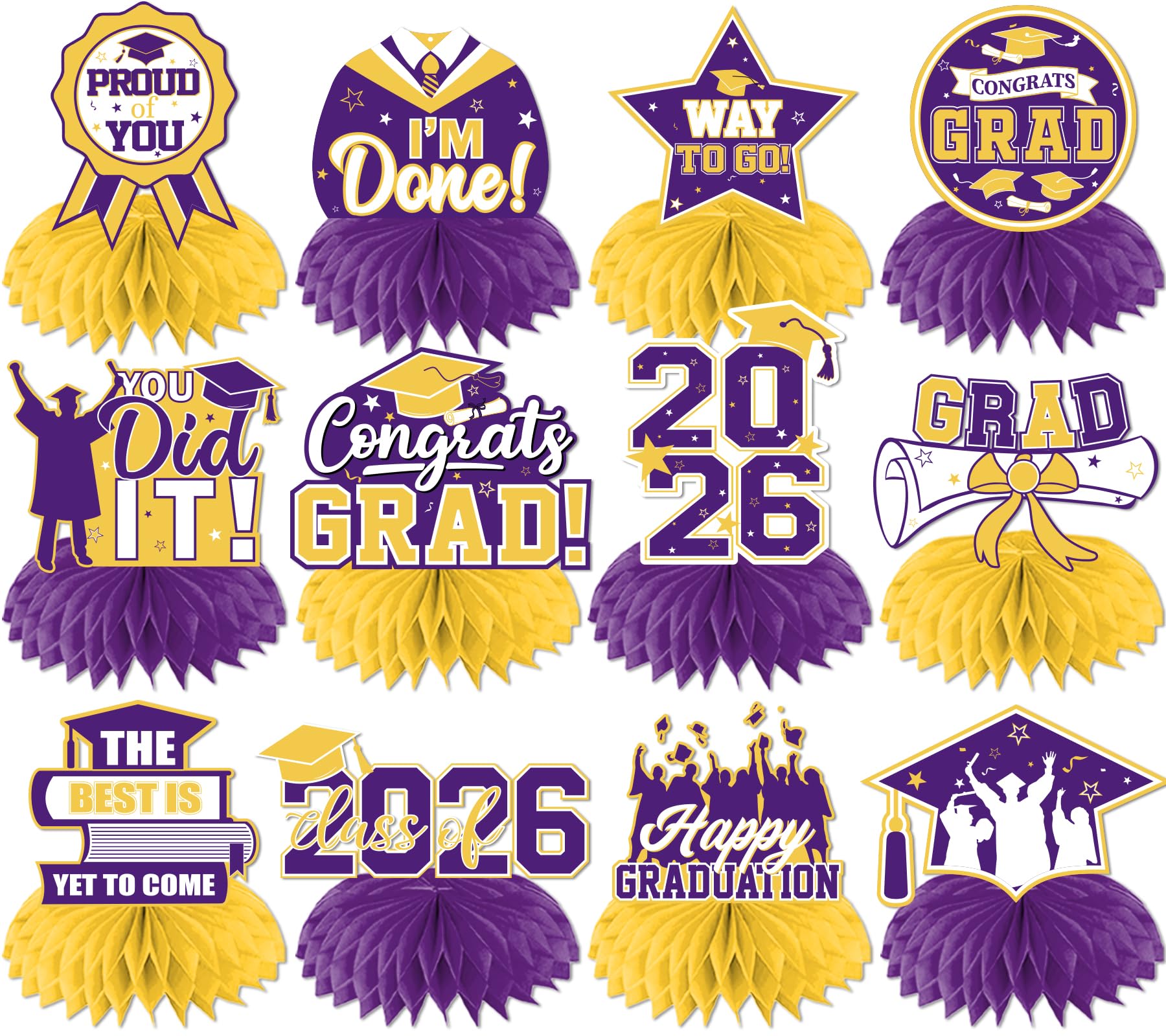 HAKOTI 12Pcs Purple & Yellow Graduation Centerpieces – Class of 2026 Table Decorations