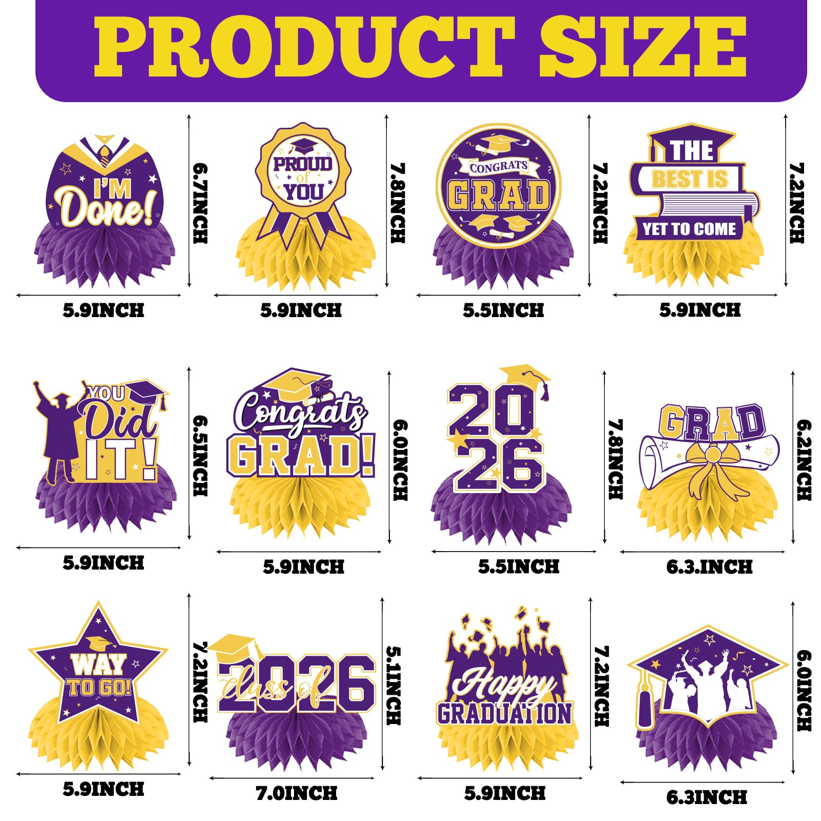 HAKOTI 12Pcs Purple & Yellow Graduation Centerpieces – Class of 2026 Table Decorations