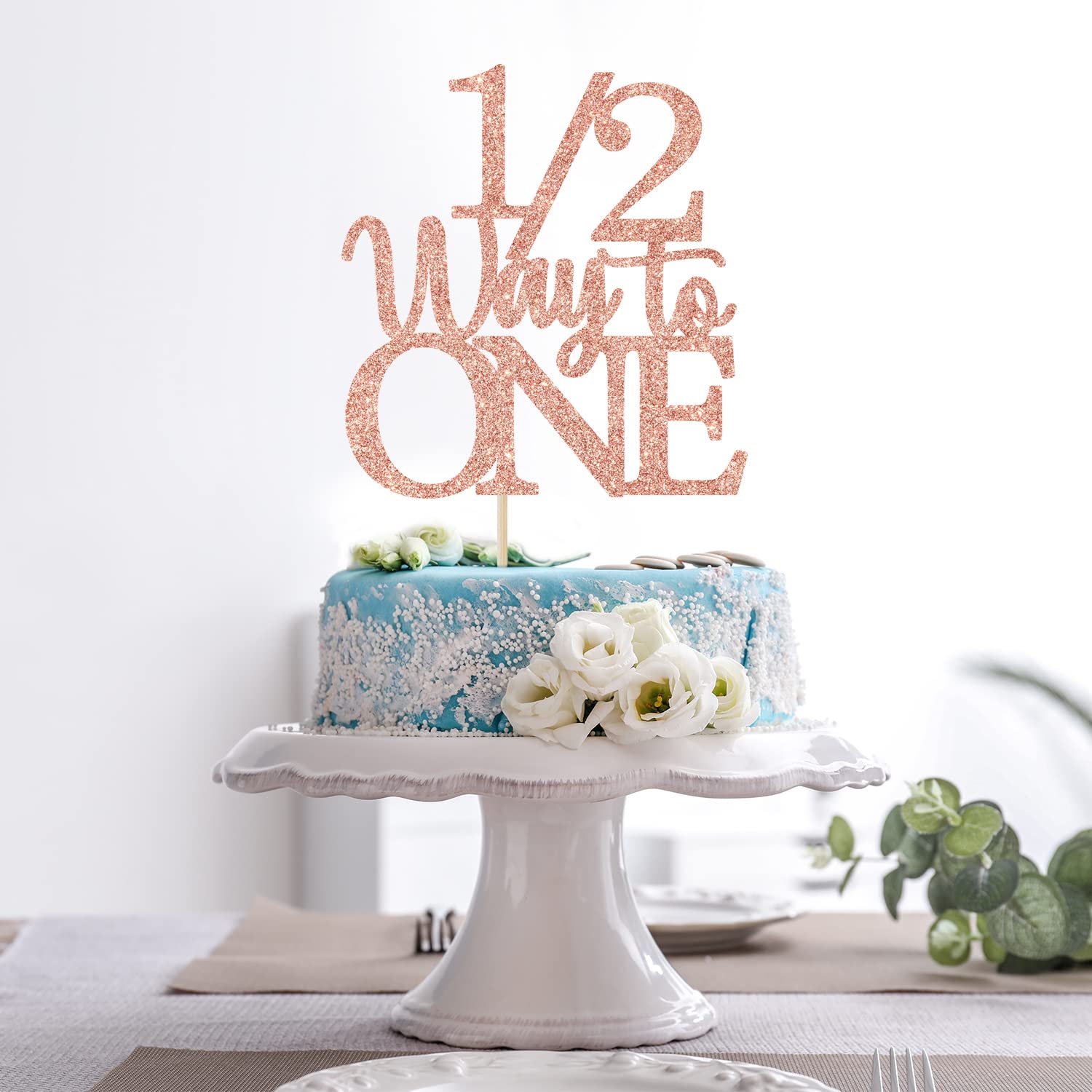 1/2 Way to One Cake Topper – Rose Gold Glitter for Half Birthday