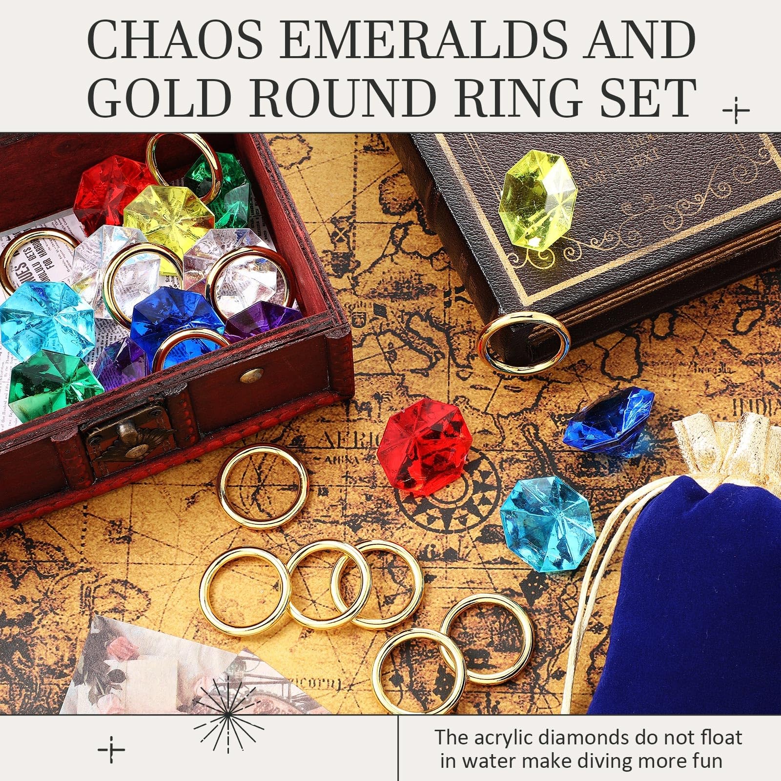 Hanaive 28-Piece Acrylic Diamond Gems & Gold Ring Set – Pirate Treasure Party Decor & Cake Toppers (2 Gift Bags)