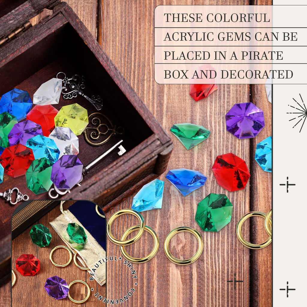Hanaive 28-Piece Acrylic Diamond Gems & Gold Ring Set – Pirate Treasure Party Decor & Cake Toppers (2 Gift Bags)