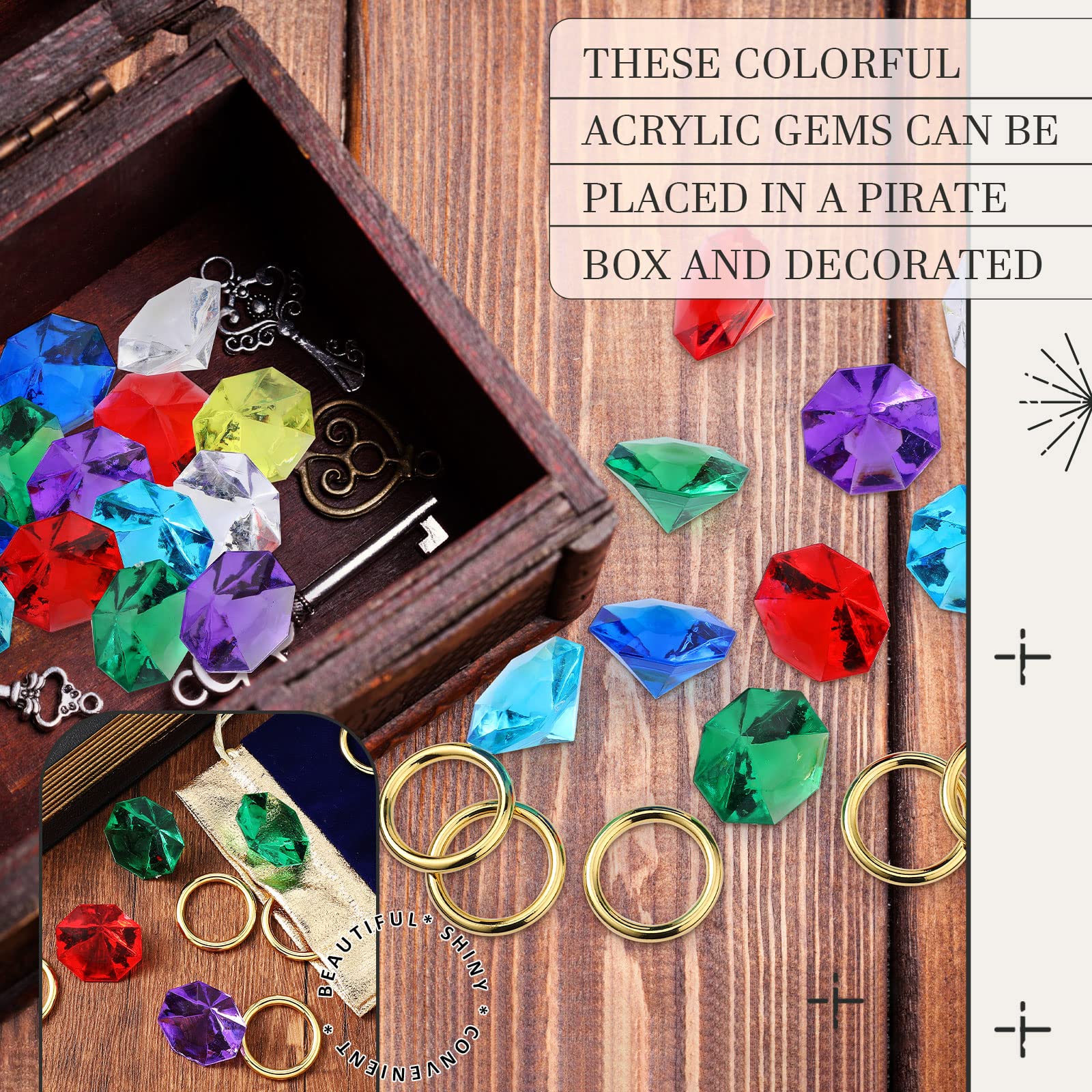 Hanaive 28-Piece Acrylic Diamond Gems & Gold Ring Set – Pirate Treasure Party Decor & Cake Toppers (2 Gift Bags)